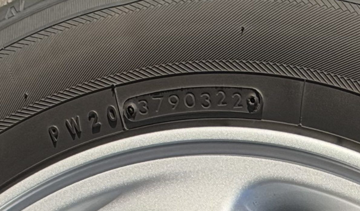 The oval date window on the sidewall of a tyre, reading 3790322